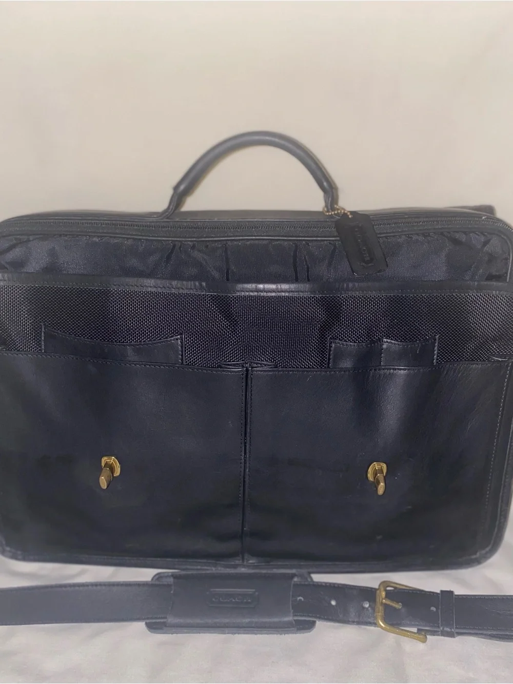 Coach Black Leather Briefcase with Brass Accents